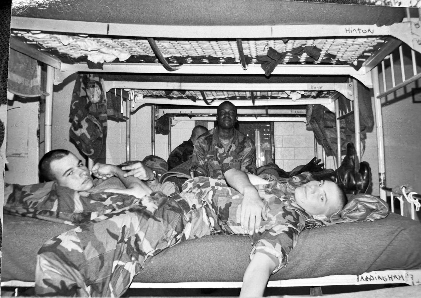 Robbie Hardingham in the barracks with his name handwritten on the bunk rail