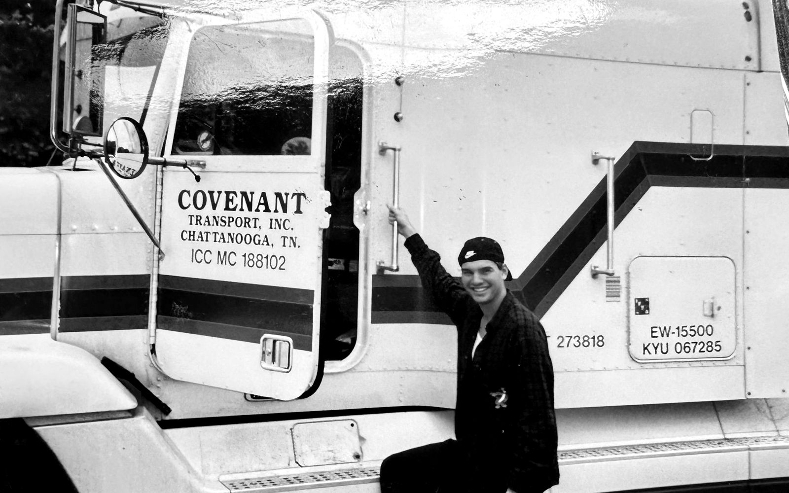 Robbie Hardingham in the 1990s climbing into a Covenant Transport semi truck