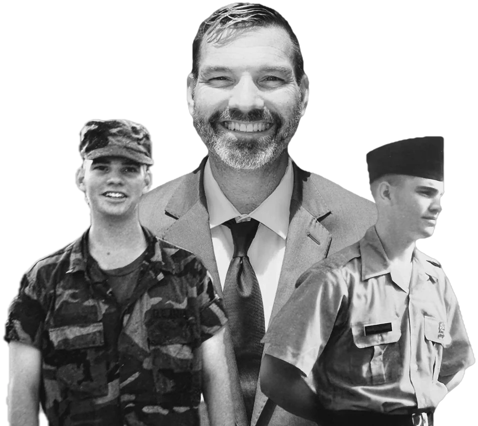 Robbie Hardingham today, with photos of himself as a young U.S. Army soldier in camouflage and in dress uniform